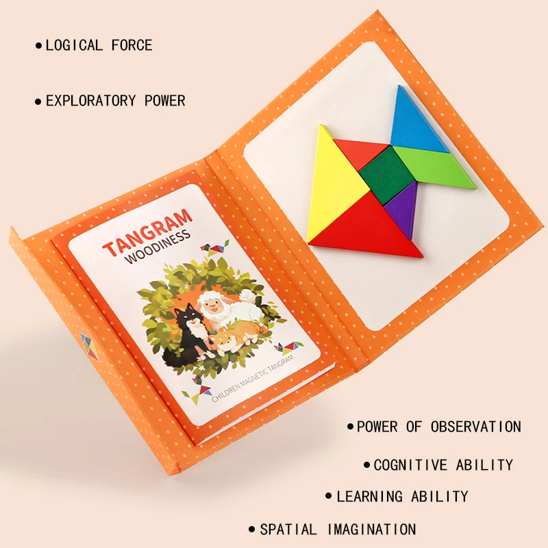 Kids Wooden Jigsaw Magnetic Tangram Puzzle Book Educational Toys Children Portable Montessori Learning Intelligence Baby Gift