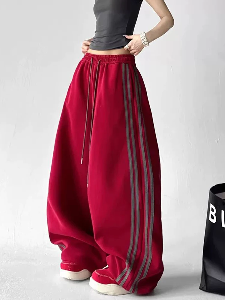 Streetwear Striped Retro Pants Women High Waist Harajuku Hip Hop American Trousers Fall Vintage Bf Lace Up Oversize Loose Pant