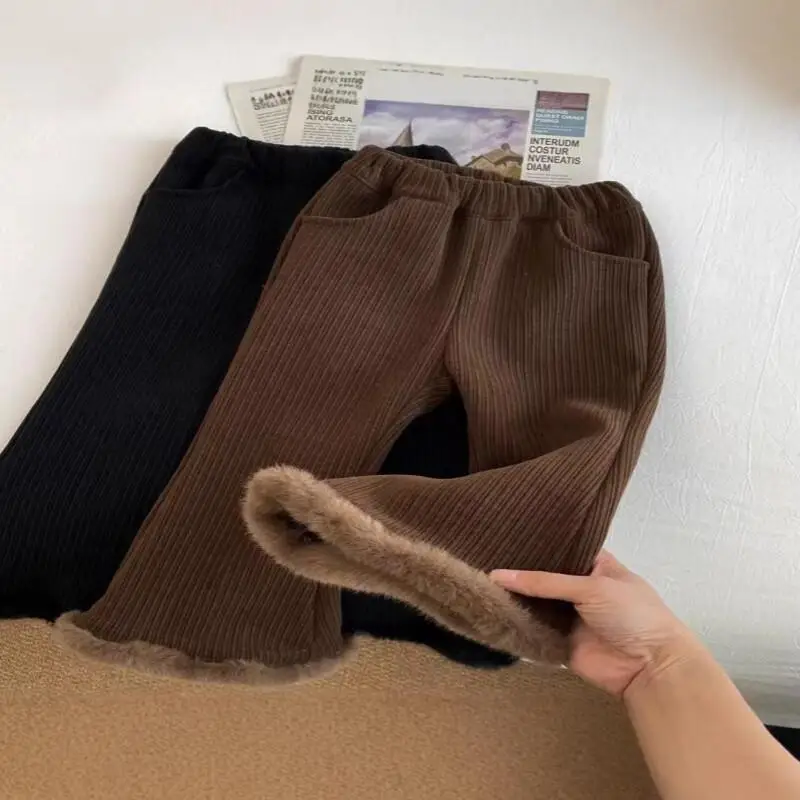 Kawaii Casual Long Pants Fashion Children S Clothing Girls Pants Winter 2024 New Cute Bell Bottom Pants White Fleece Lined Warm