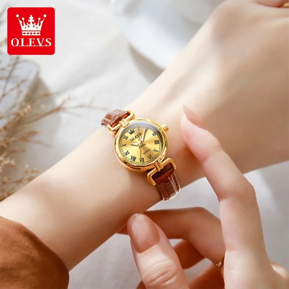 OLEVS 5645 Women Watch Quartz Movement Fashion Watch Gift Round-dial Leather Watchband Wristwatch Calendar Window Luminous Watch image 4