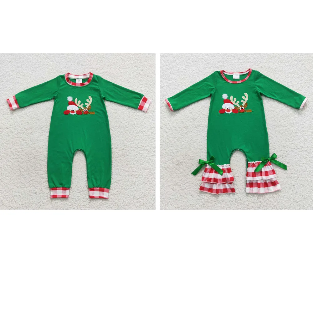 

Wholesale hot sale boutique Boys and girls Santa Embroidered Reindeer plaid green long sleeve onesie for baby kids Christmas