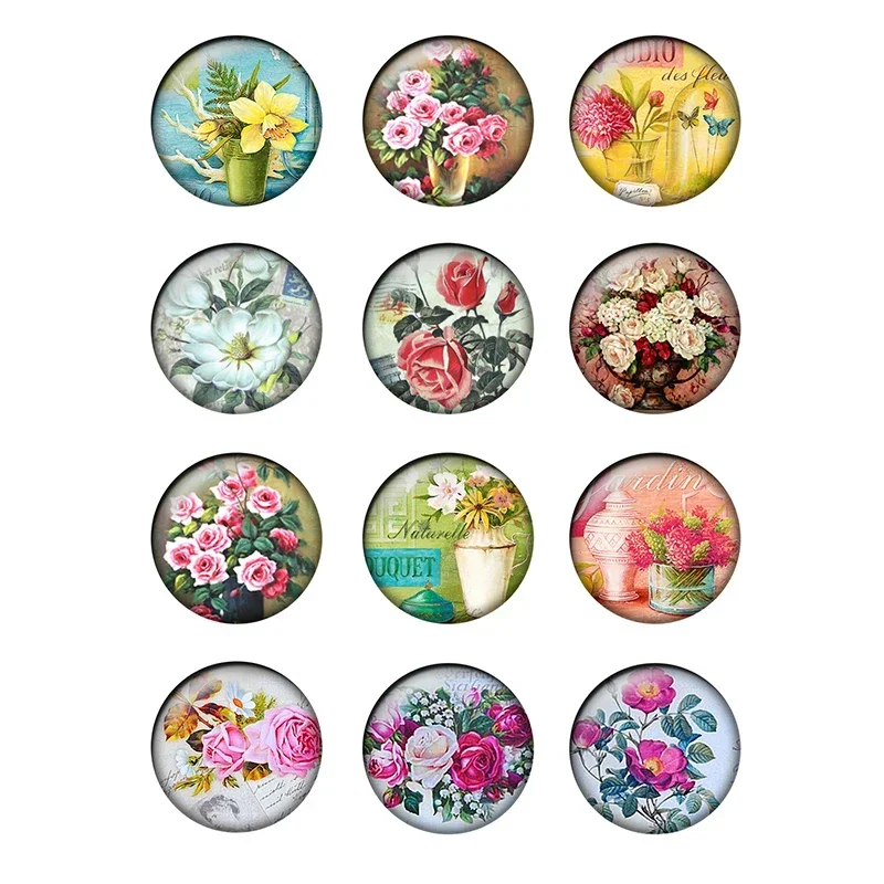 12pcs/lot Round Glass Cabochon 10mm 12mm 20mm 25mm Vintage Flower Images Glass Dome Fit Cameo Base Setting Jewelry Findings T143