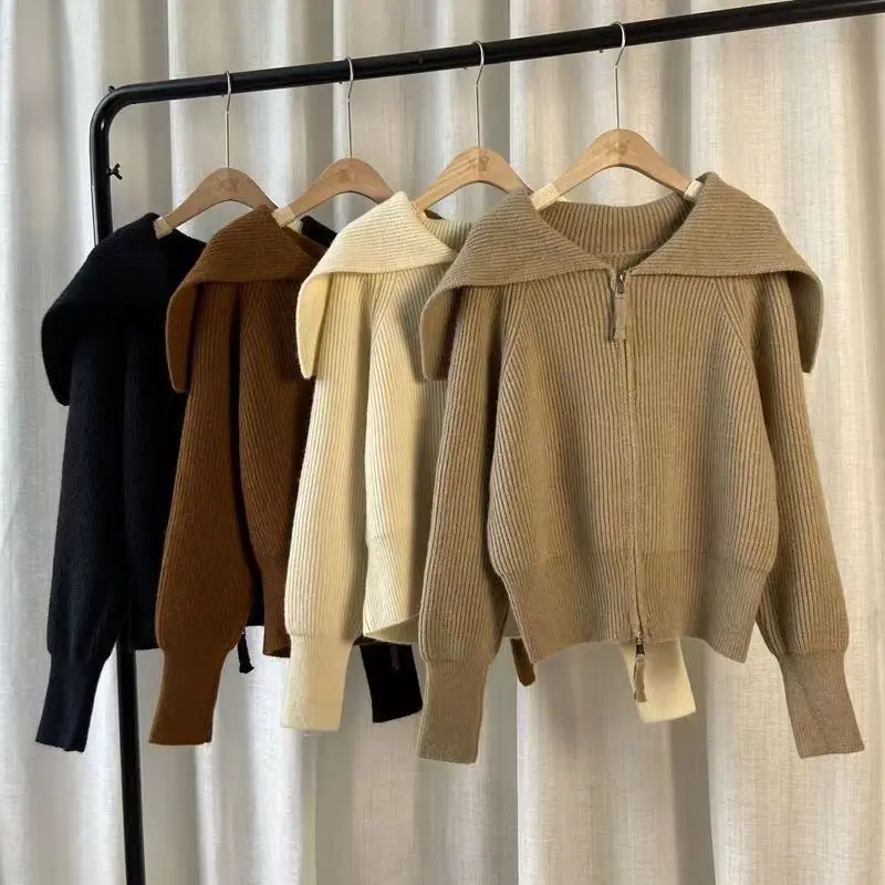 Women Autumn Winter Zipper Sweater Cardigan 2023 Lady Casual Pure Color Knit Jacket Turn Down Collar Tops New Knitwear Female