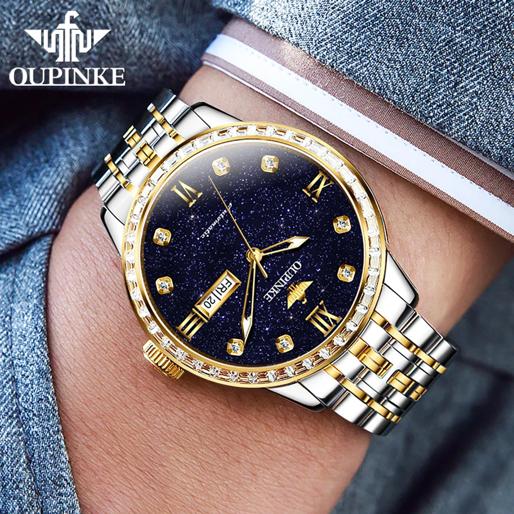 OUPINKE 3241 Luxury Starry Sky Dial Mechanical Watch For Men Deep Waterproof Automatic Man Wristwatch Dual Calendar Dress Watch