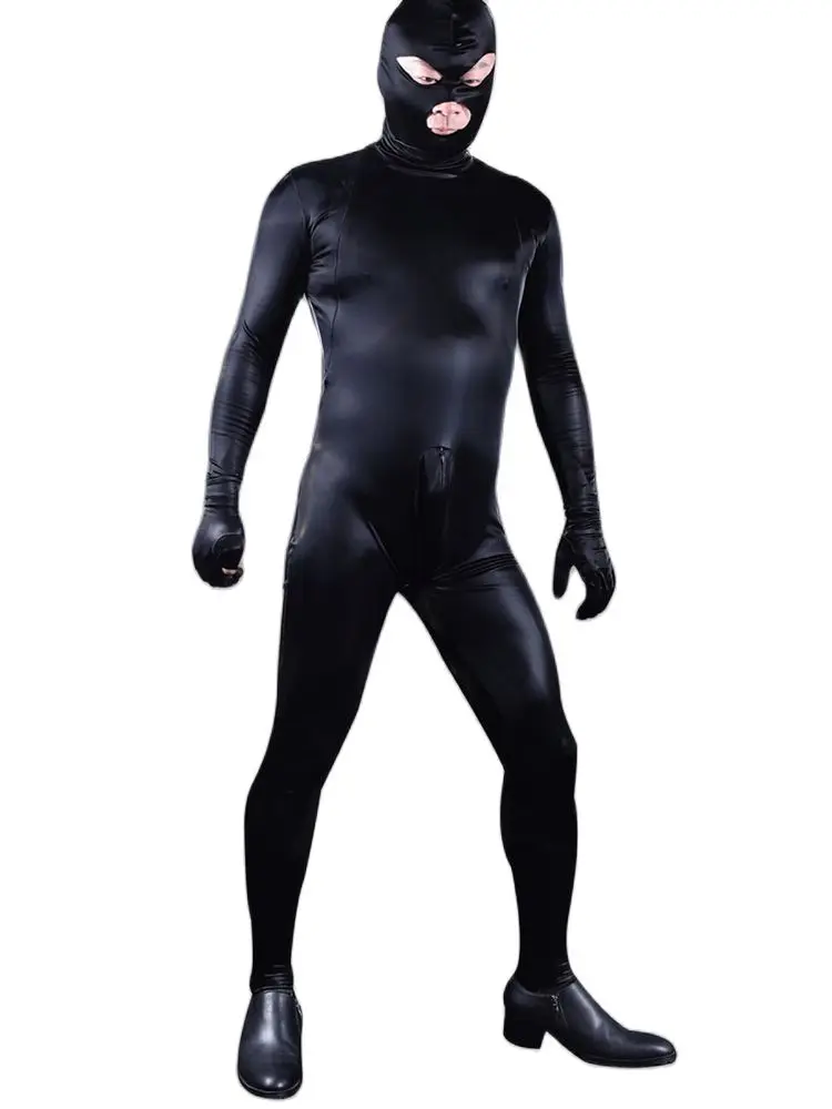 Wet Look Catsuit Elastic PU Leather Bodystocking Tights Full Coat Zentai Zip Open Crotch Convex Pouch Jumpsuit Cosplay Bodysuit