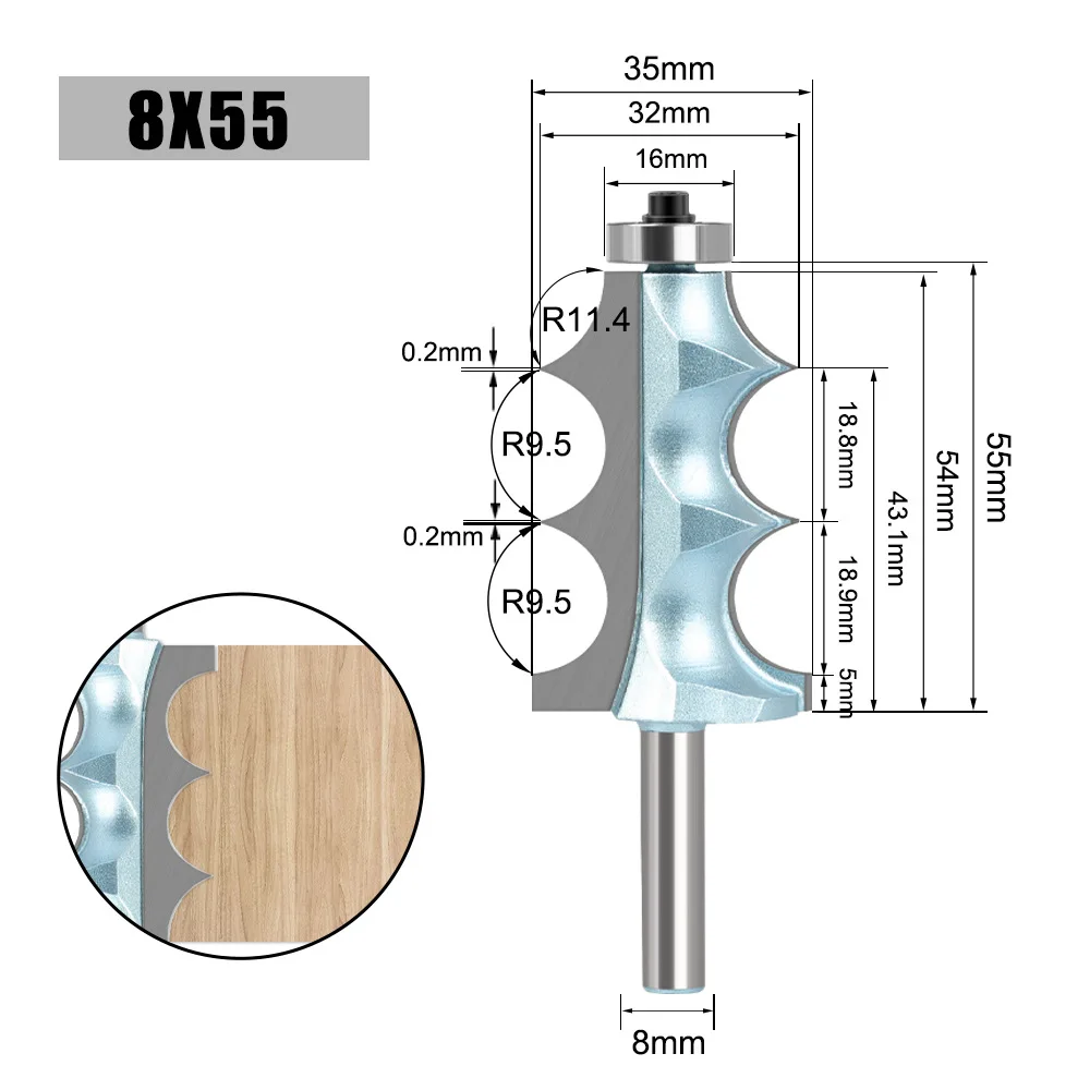 8mm Double R Bead Router Bit  Bearing Guided Edge Profiling Cutter for Wood Molding & Trim