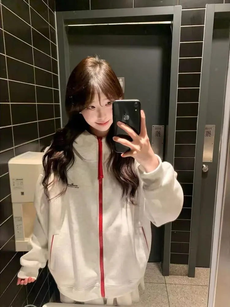 

American Retro Letter Embroidery Open Cardigan Sweatirt Women's Autumn 2025 New Loose Color Blo Zipper Hooded Jaet