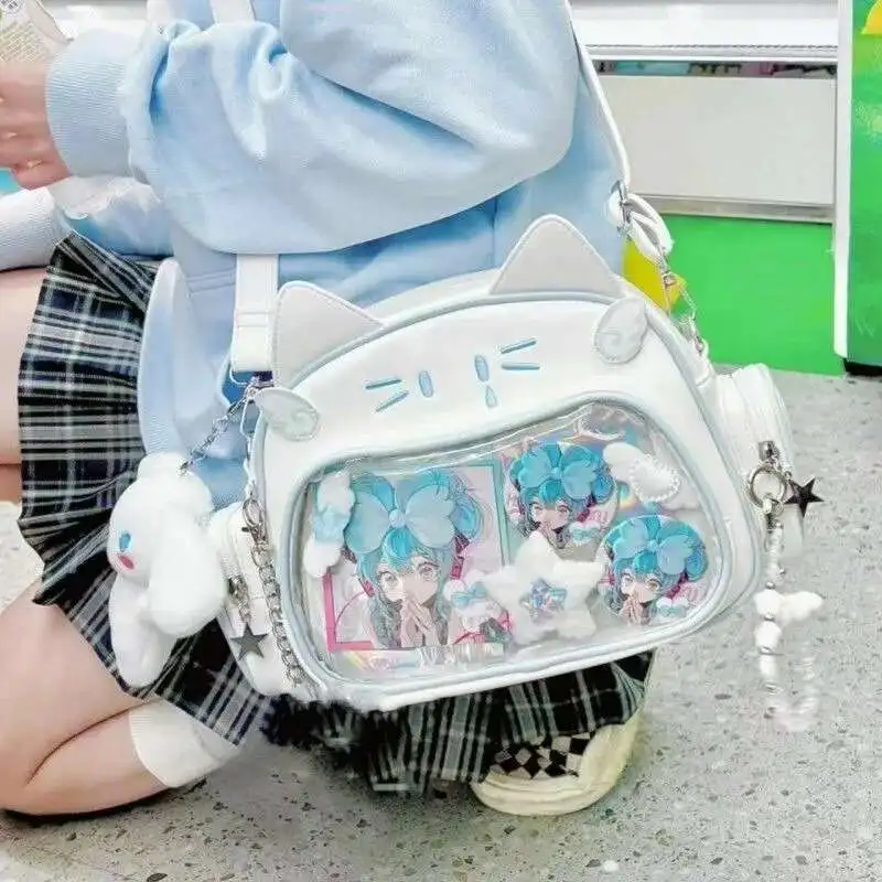 

New Y2K Korean Kawaii Cat Ita Cute PU Shoulder bag Girls Transparent Pocket Haruku Crossbody Bag Women's Fashion Backpacks sac