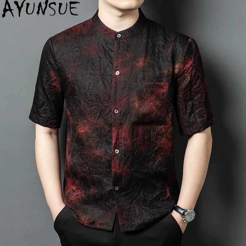 AYUNSUE Gauze Silk Short Sleeve Shirt for Man Clothing 2025 Summer 100% Mulberry Silk Fashion Stand Collar Loose Mens Shirts