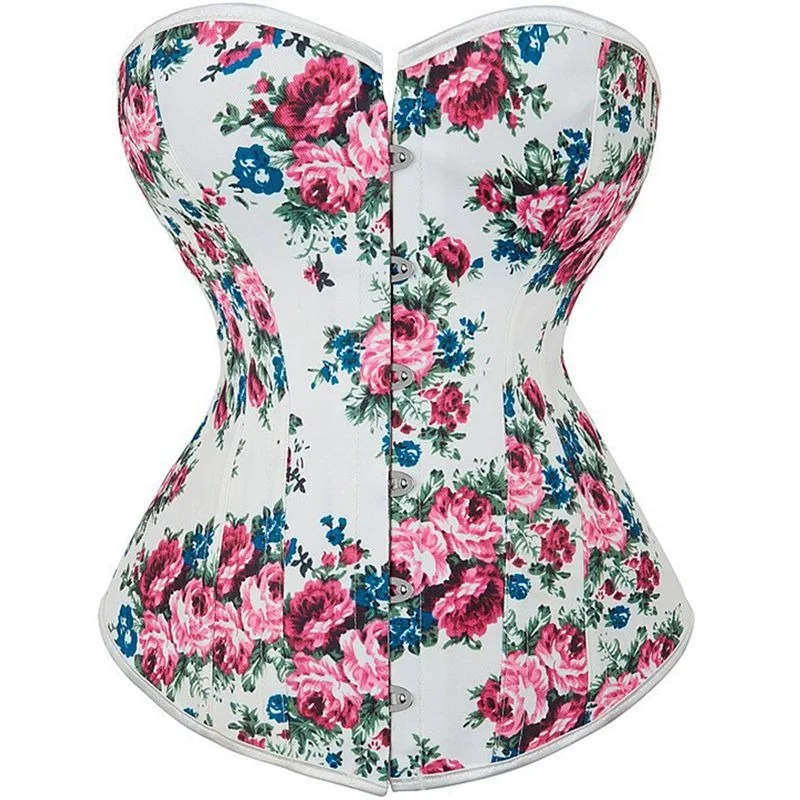 Vintage Floral Print Corset Top Women Lace Up Boned Waist Trainer Retro Palace Overbust Bustier Summer Outerwear Shaper Party