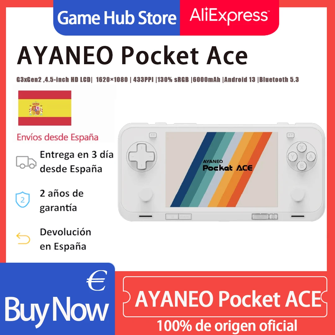 Consola de Juegos Portátil AYANEO Pocket ACE 8Gen2, Pantalla LCD HD de 4.5'' | 433PPI | 130% sRGB | 6000mAh, Android 13, Joystick con Efecto de Iluminación RGB