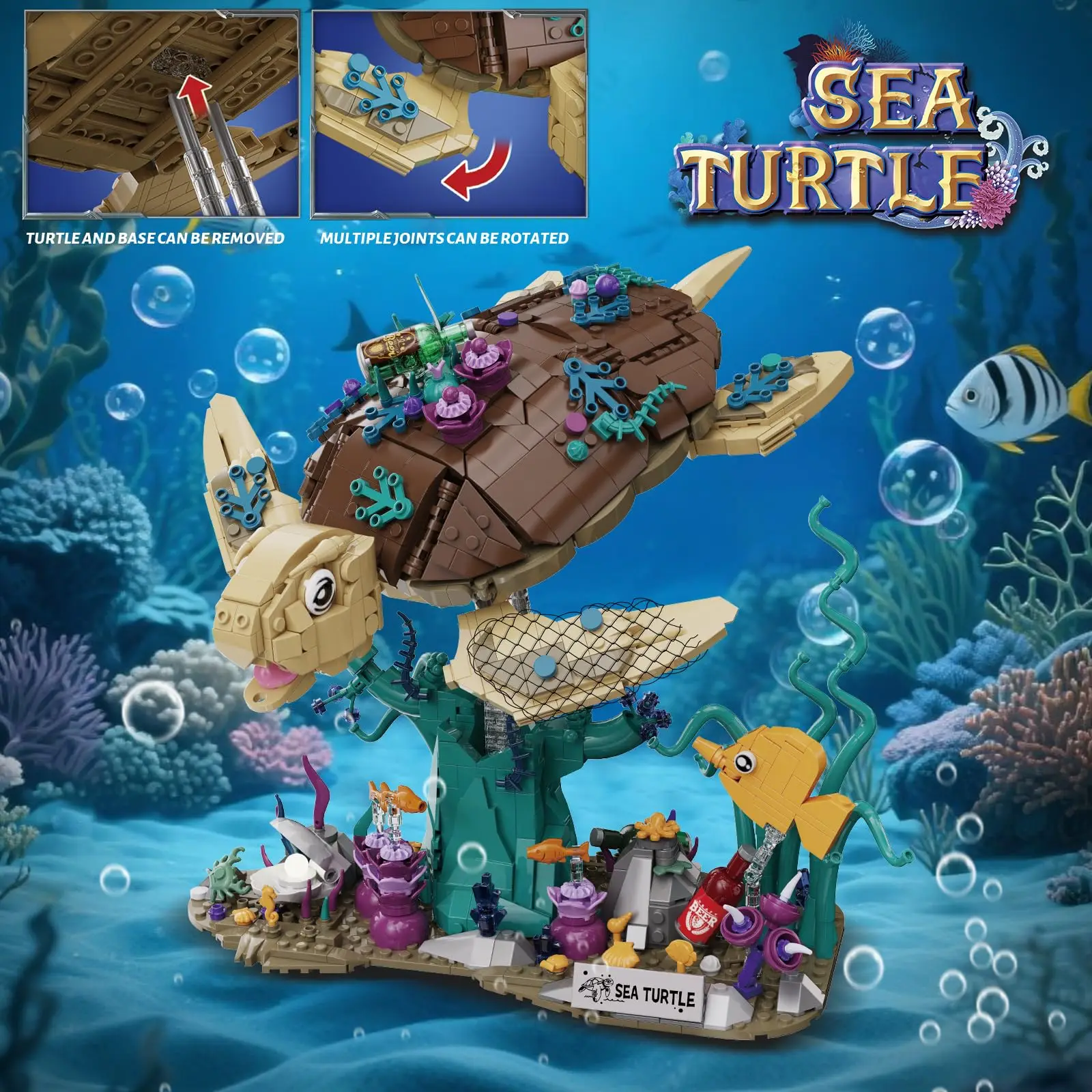 

1271PCS Sea Turtle Building Blocks Model MOC Sea ​​World Desktop Decoration Collection Assembly Toys Home Ornaments Gift for Kid