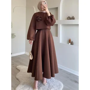 Eid Dubai Fashion Set 2 Stücke Frauen Laternenhülsen Hemd & Röcke Musulman Sets Jalabiya Sets muslimische Sets 8 Hauptverkäufe Crene Clothing - №1