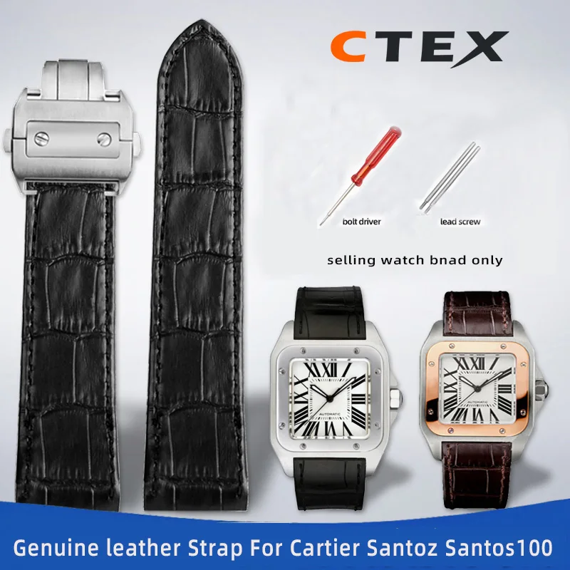 Genuine Leather Watch Band Special-Purpose For Cartier Santos 100 Folding Buckle Strap 20mm 23mm butterfly buckle bracelet