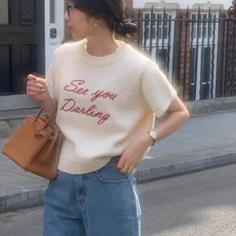 Neploe Korean Fashion O-neck Letter Sweater Mujer Spring New Loose All-match Knitted Tops Women Y2k Short Sleeve Pullovers