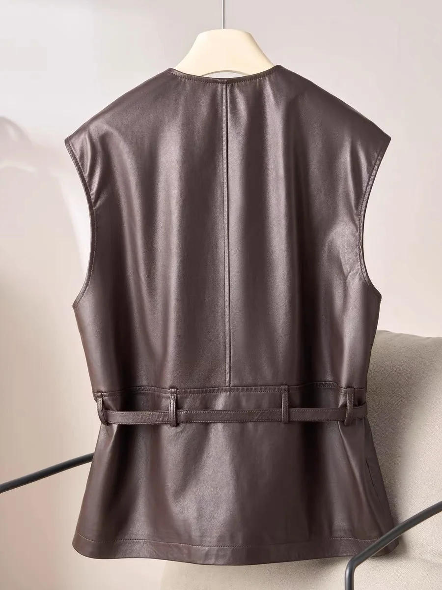 Elegante Intellektuelle Schlanke Gürtel Weste Frauen Femme 100% Leder Schwarz Burgund Weste Mujer Pullover Manteau Ärmellose Jacke