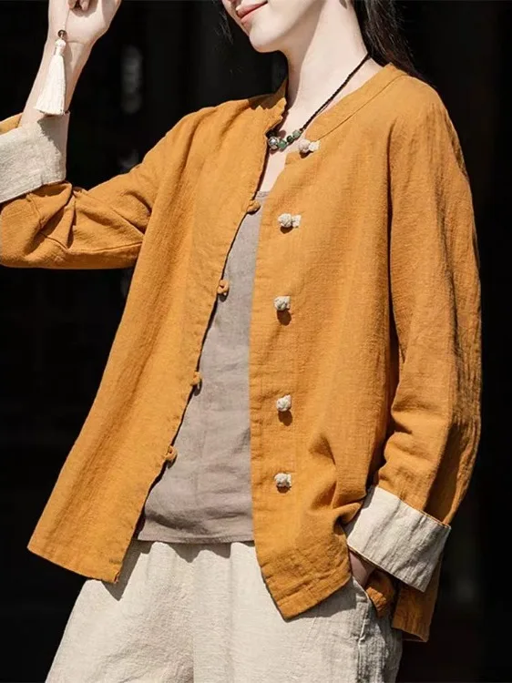 Retro Zen nuevo chino Sle mujer irt Jaet lino abotonado primavera otoño ceremonia del té Top suelto ajuste cómodo transpirable