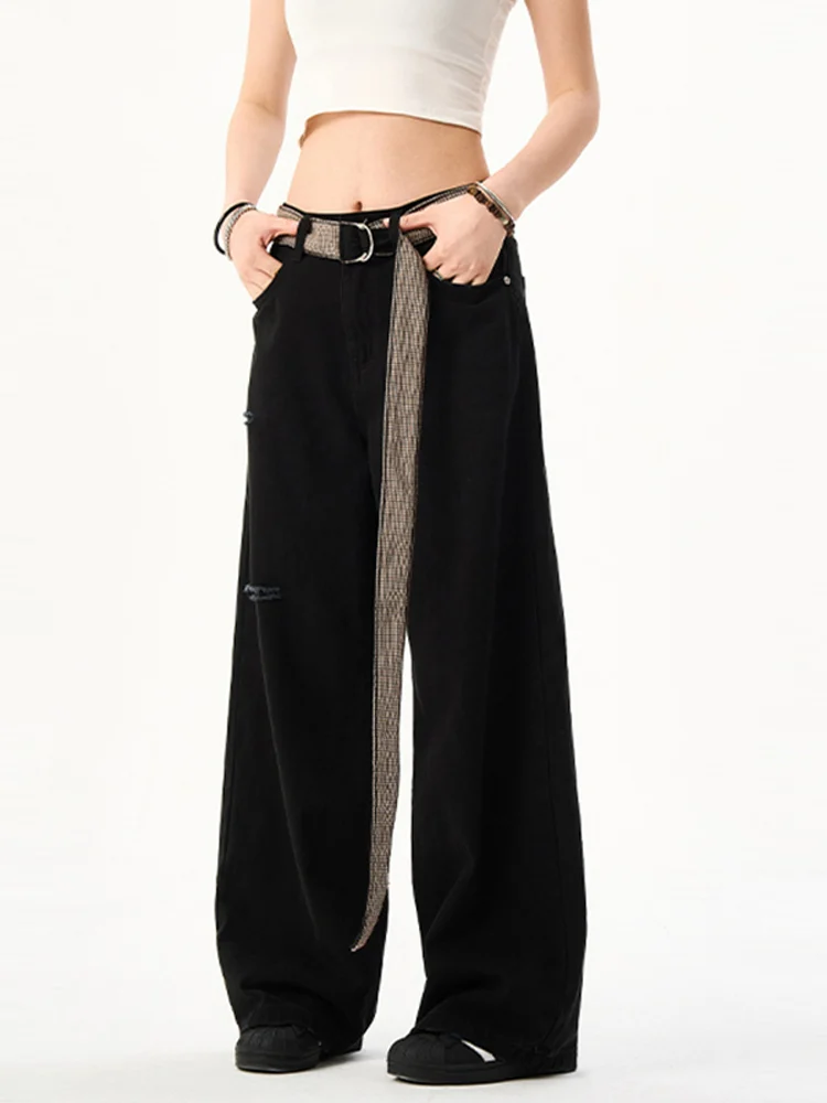 

Американские винтажные джинсы прямого кроя с эффектом потертости, со съемным клетчатым ремнем, молодежные модные длинные брюки со средней посадкой из канваса