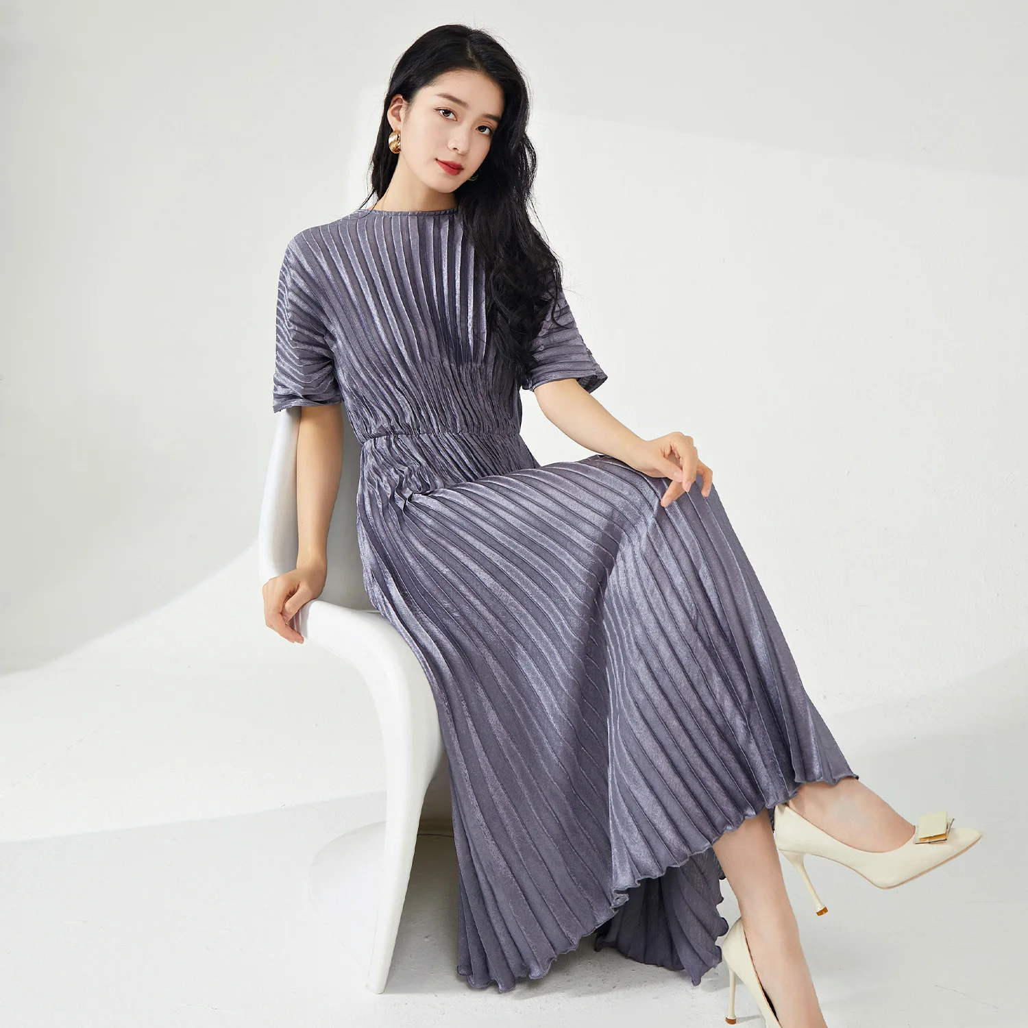 Gold Emed asymétrique plissé Long Dr minceur femme Faion Ele taille haute régulier Sve t-shirt fibre d'acétate