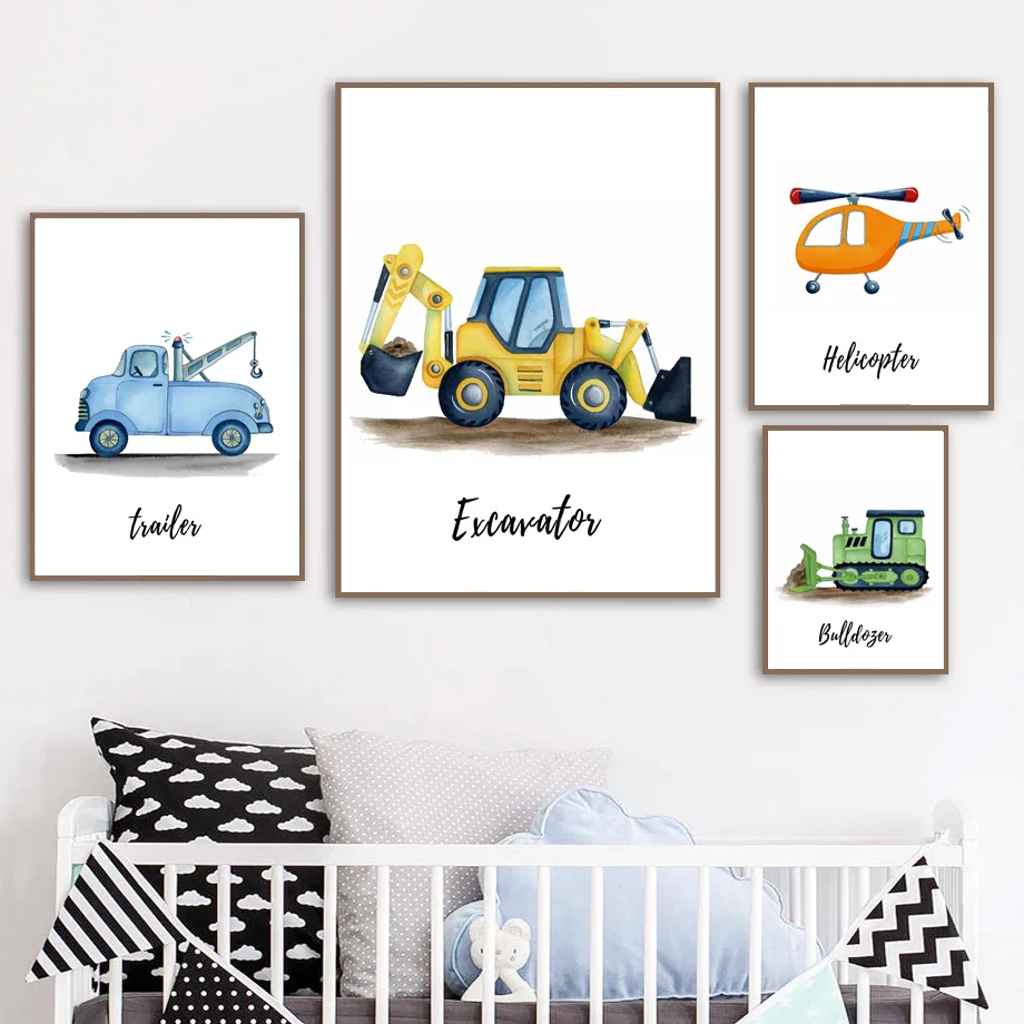 Boys Construction Vehicle Nursery Wall Art Poster Excavator Bulldozer Forklift Crane Trailer Watercolor Print Bedroom Home Decor
