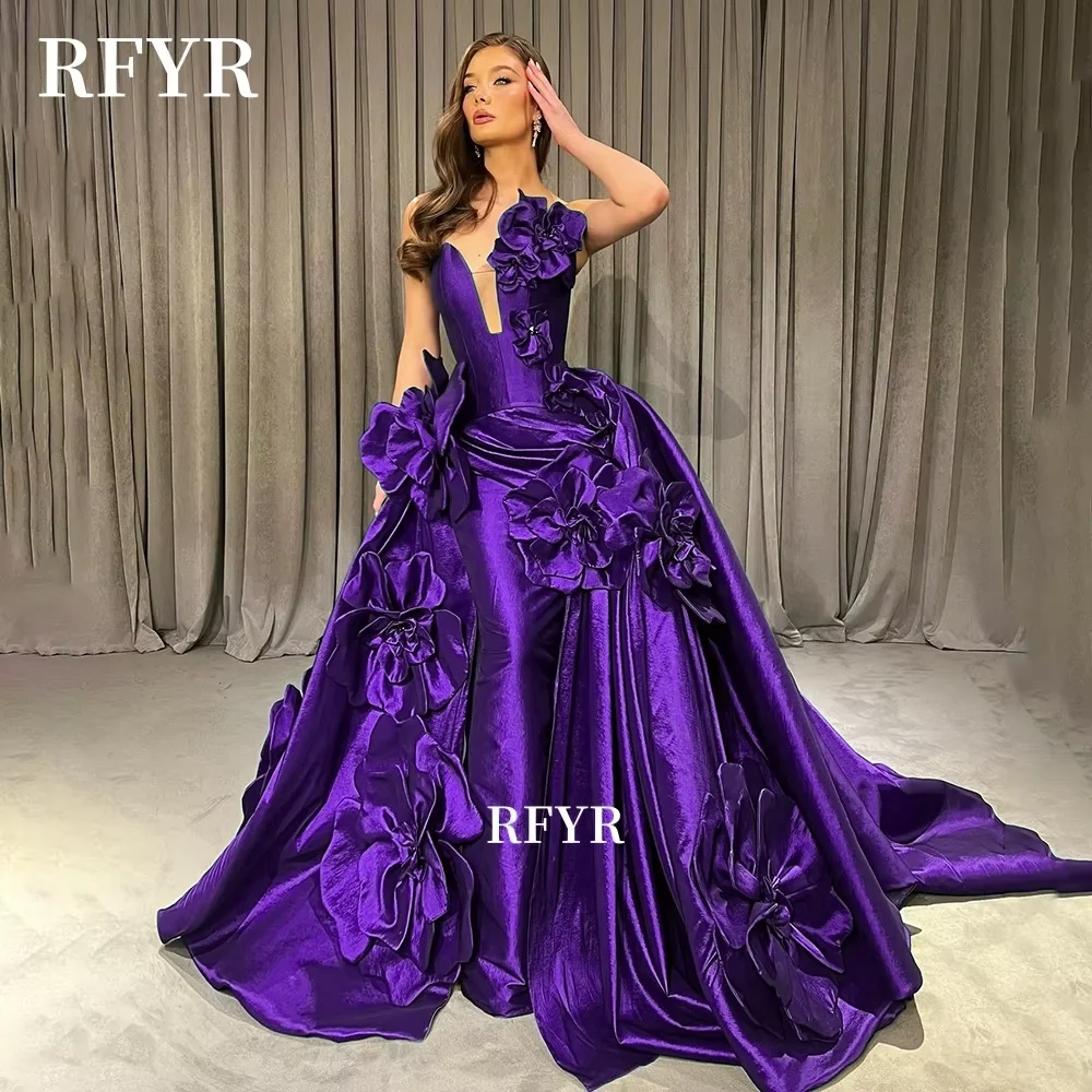RFYR Mermaid Party Dress 3D Flowers Prom Dress with Detachable Train Evening Gown for Arabic Women مناسبة رسمية C image 4