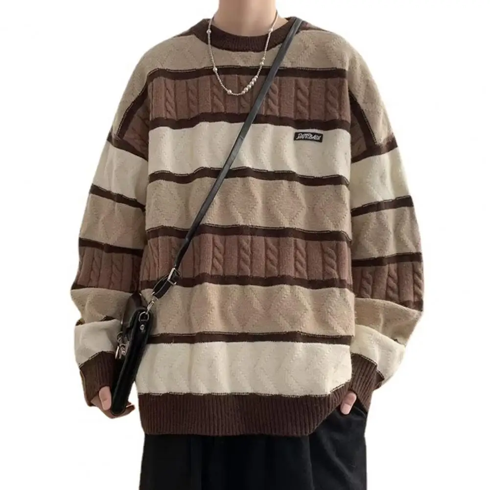 

Men Sweater Comfortable Fabric Men Sweater Stylish Men's Retro Striped Sweater O-neck Long Sleeve Loose Fit Thickened for Autumn