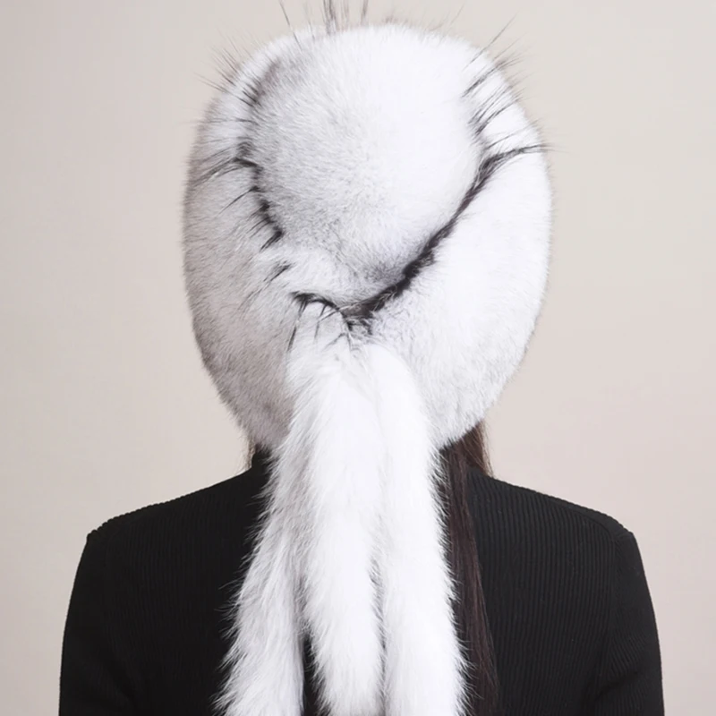 Winter Fur Hat Women Natural Raccoon Fox Fur Russian Hats Winter Outdoor Thick Warm Bomber Ears Caps