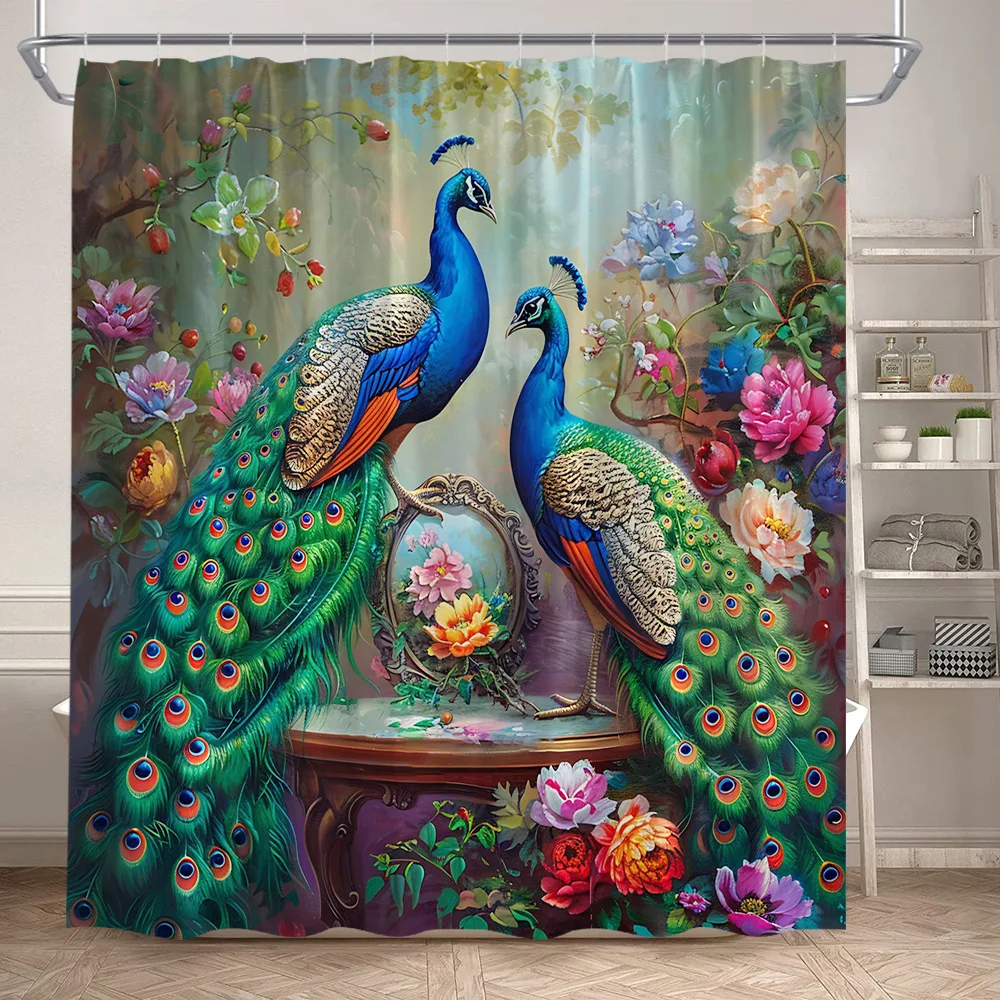 Blue Peacocks Shower Curtains Forest Trees Plants Flowers Waterfall Scenery Polyester Fabric Bathroom Curtain Decor with Hooks