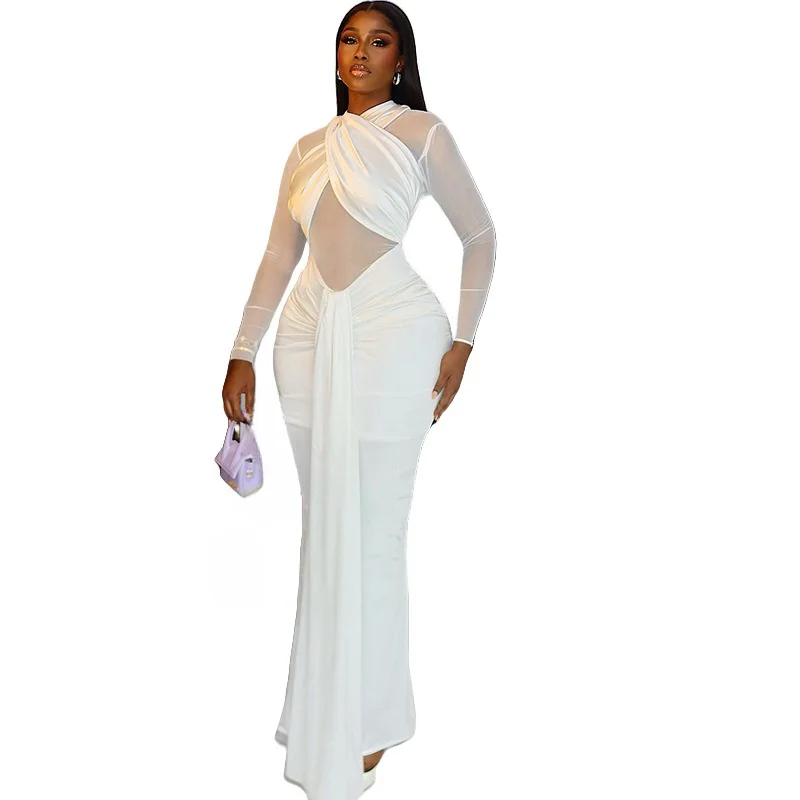 

Women's Chest Wrapped Pleated Bandage Turteneck Long Sleeve High Waist Hips Wrapped Long Dress, Perspective Gauze Spliced, Sexy