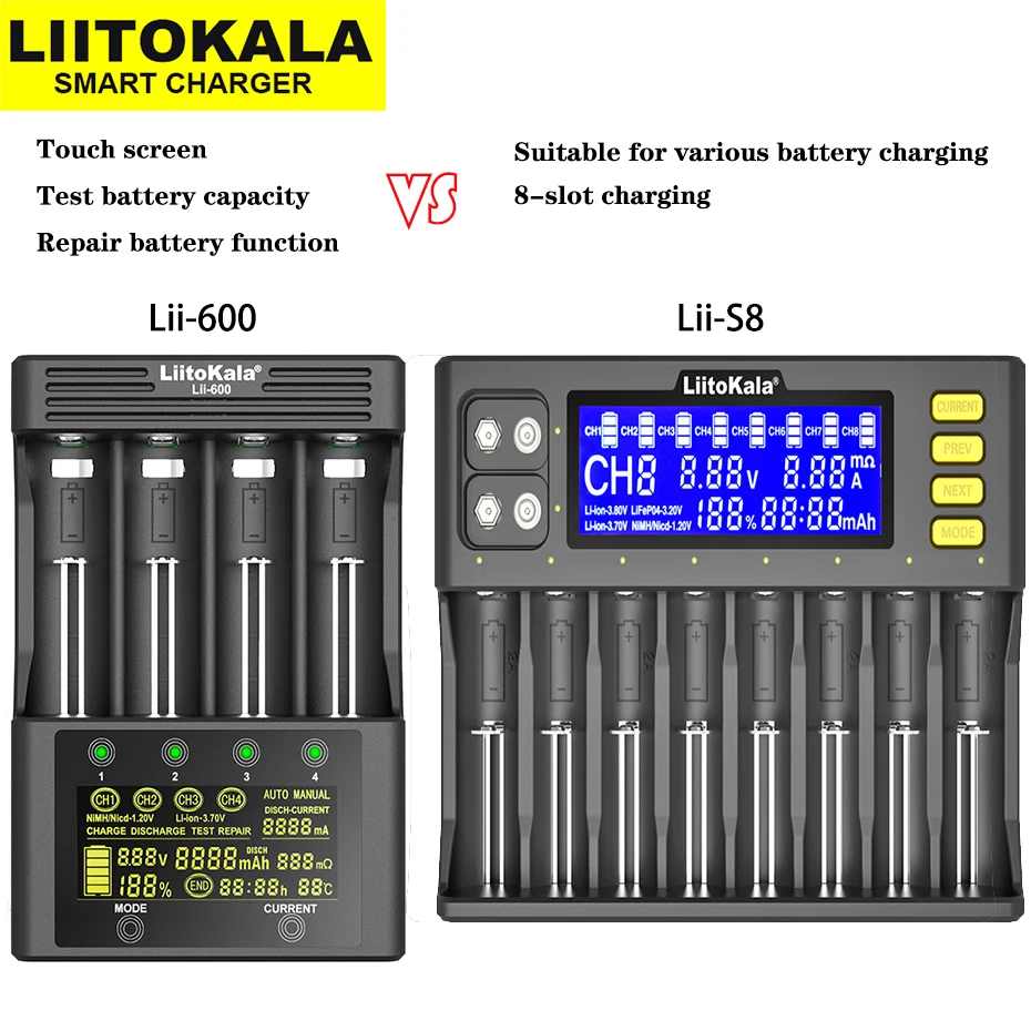 LiitoKala Lii-S8 Lii-600 Lii-M4S Lii500 Lii-PD4 Lii402 Lii202 Smart Charger for 18650 26650 21700 AA AAA lithium NiMH battery