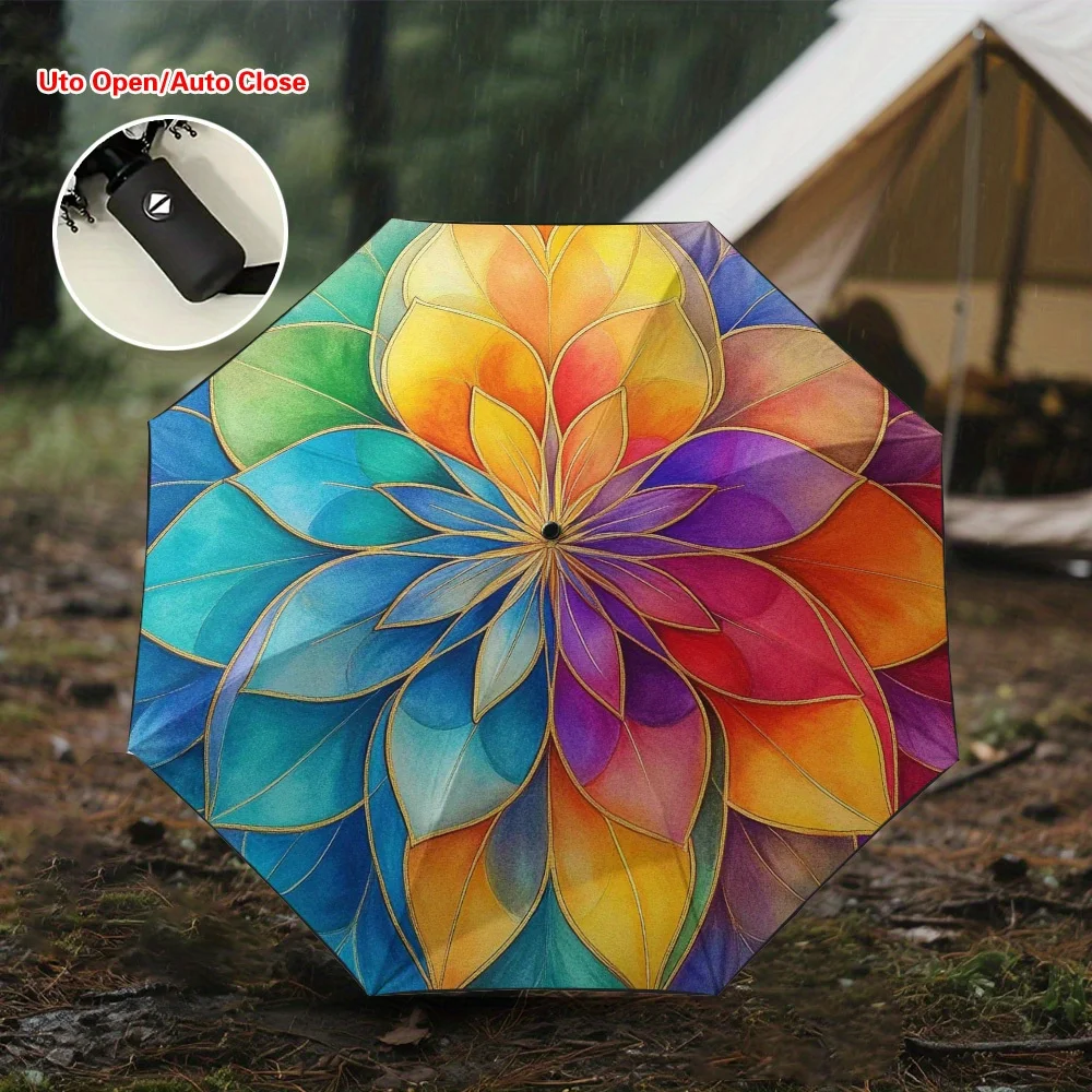 

Автоматический зонт с радужным принтом мандалы и цветов, 8 спиц, прочный, автоматическое открытие/закрытие, защита от солнца.