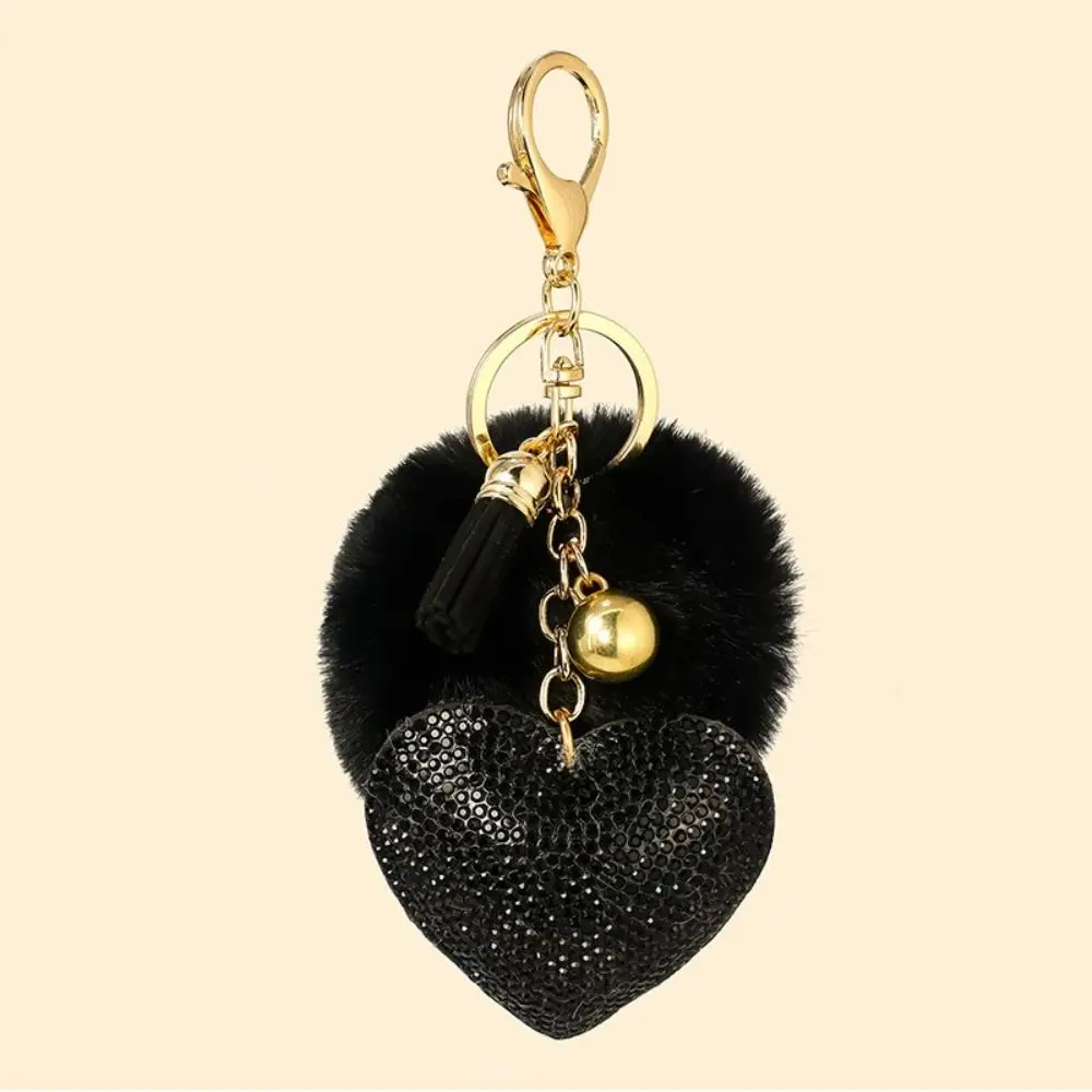 Fashion Faux Fur Plush Ball Keychain Solid Color Rhinestone Heart Bag Pendant Alloy Key Ring Women