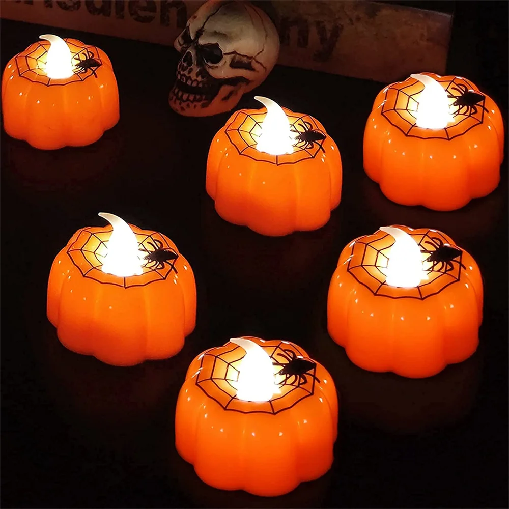 

12pcs Halloween Pumpkin Tealights Candles with Spider Web Decor Battery Operated Flameless Candle Pumpkin Light for Home Party