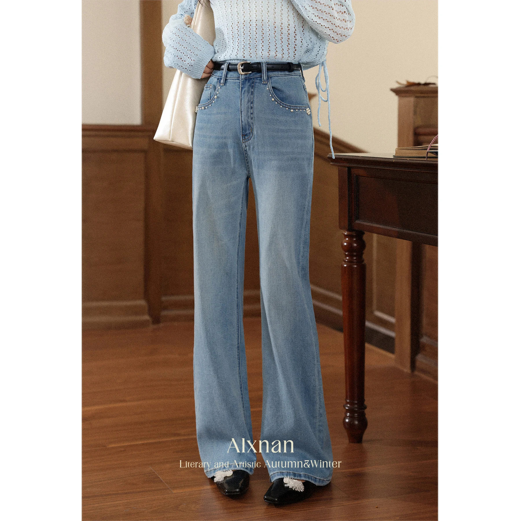 

ALXNAN Women's Jeans Vintage Blue Straight Wide-leg Cotton Baggy Jeans Autumn Loose-fit Casual Long Denim Pants Female L56780