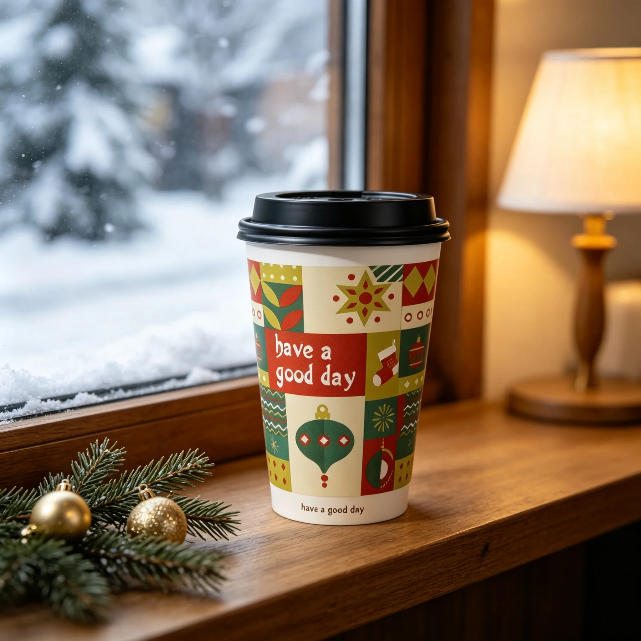 50Pcs16/22A Disposable Paper Cups, Double‑Wall Hollow Hot Coffee Cups, Festive Pattern Paper Cup for Holiday Party Cafe Takeaway view 4