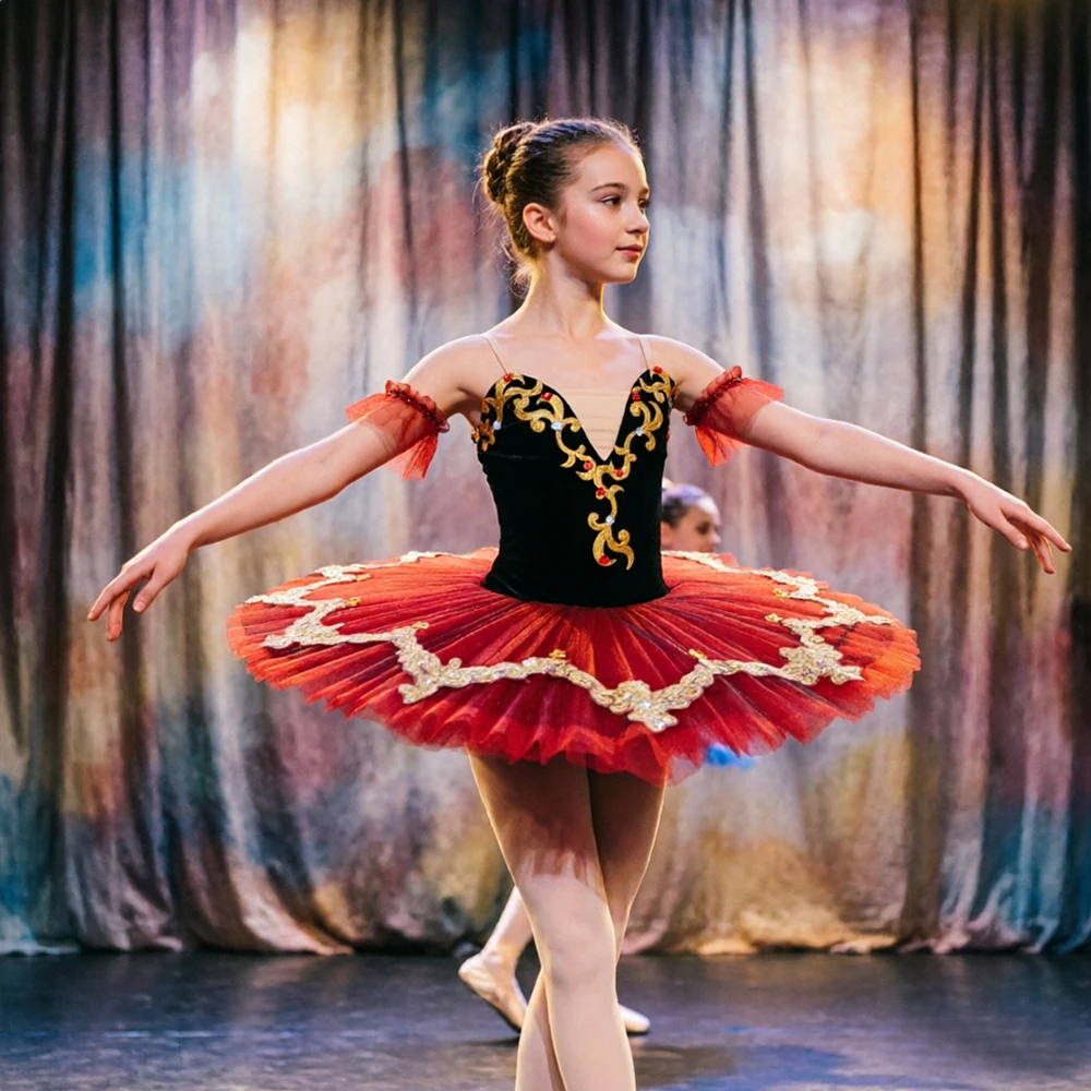 

Red & Black Professional Ballet Tutu Dress for Women Embroidered Velvet Ballerina Dance Costume Swan Lake & Stage Performance