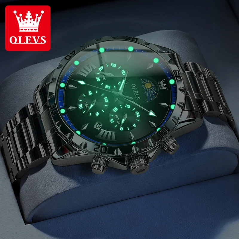 OLEVS Original Brand Men\'s Watches Moon Phase Waterproof Skeleton Trend Quartz Watch for Male Luminous Chronograph Calendar