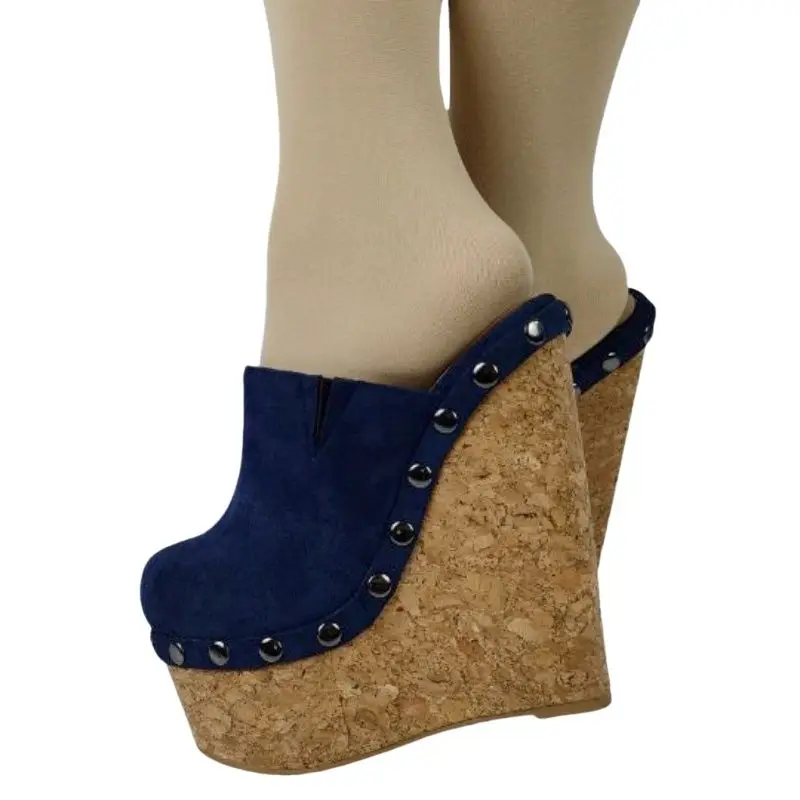 SHOFOO Fashionable women's high-heeled slippers Blue suede slippers About 15cm heel height Closed toe slippers Round toe shoes