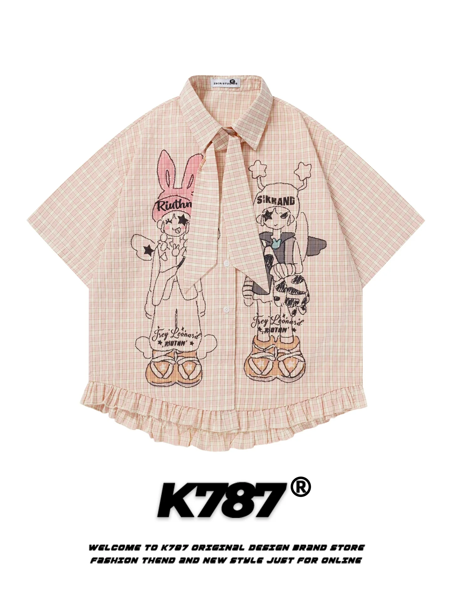 

K787 Женская повседневная рубашка с коротким рукавом, в клетку, с милым мультяшным принтом, из легкого хлопка, с кружевным подолом, свободного кроя, молодежная, с принтом