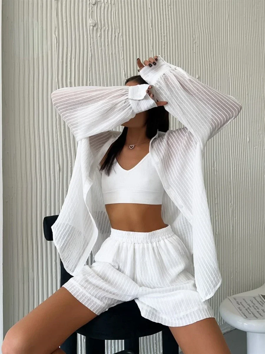 Wolfeel Summer Stripe Holiday Women Suits 2 Pieces Elegant Jacquard White Shorts Set Elastic Waist Wide Shorts Casual Outfit