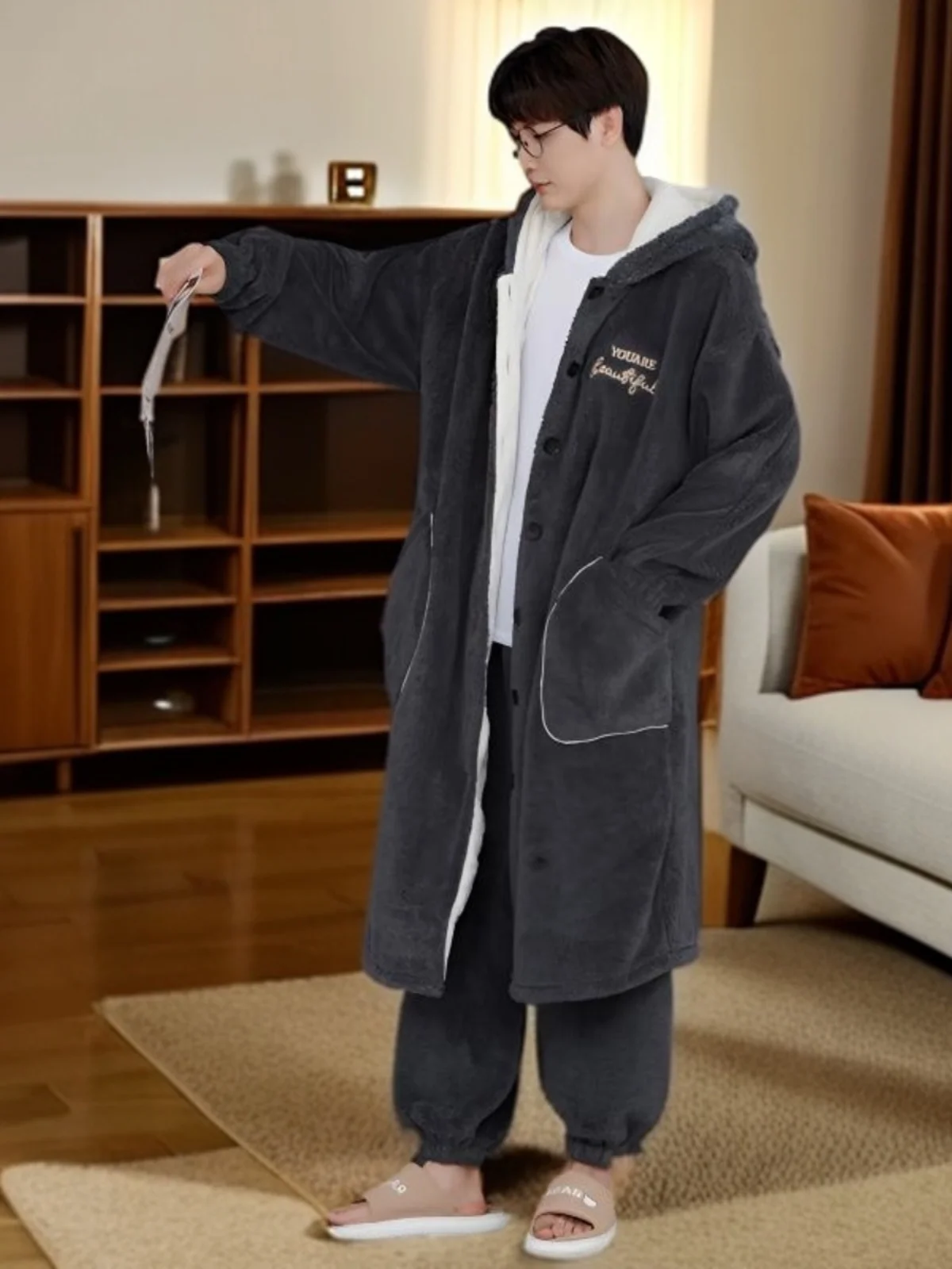 Abito invernale da uomo in corallo Fce Robe Spwear Abito lungo 300 Pou Size Grande casa Comoda fibra di poliestere a pipistrello