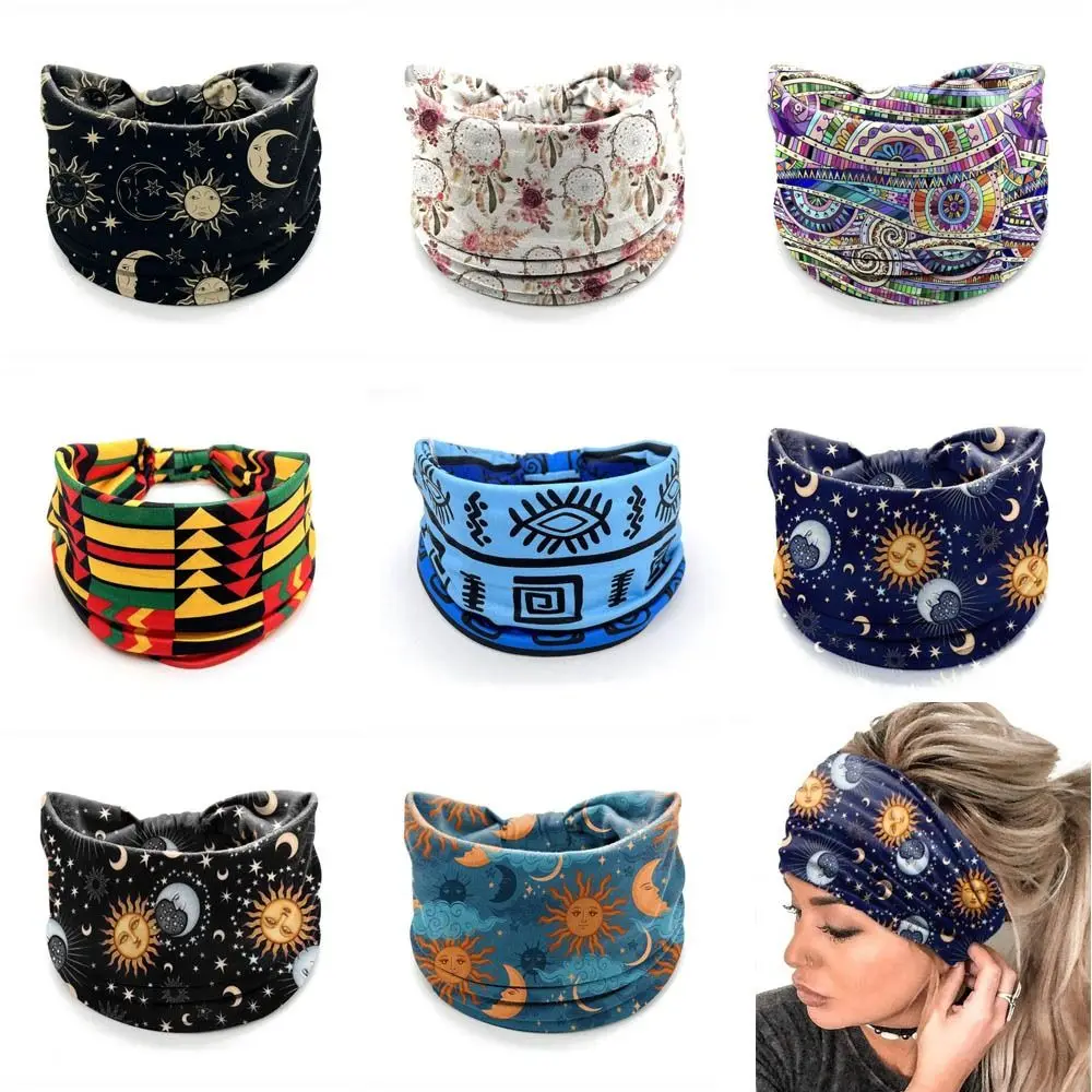 

New Elastic Wide Headbands Boho Vintage Knot Printed Headscarf Star Printed Wide Brim Hair Accessories Women