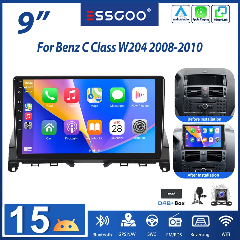 ESSGOO 9" Android15 4+64G für Mercedes Benz C-Klasse 3 W204 S204 2008-2010 Autoradio kabelloses CarPlay Android Auto GPS Navigation RDS FM WLAN Bluetooth Mirror Link Lenkradsteuerung Touchscreen