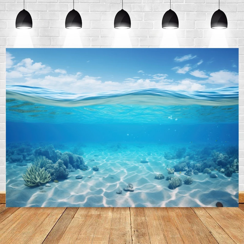 Underwater World Photo Background Undersea Sunlight Deep Blue Water Sun Ray Photography Backdrop for Children Birthday Party