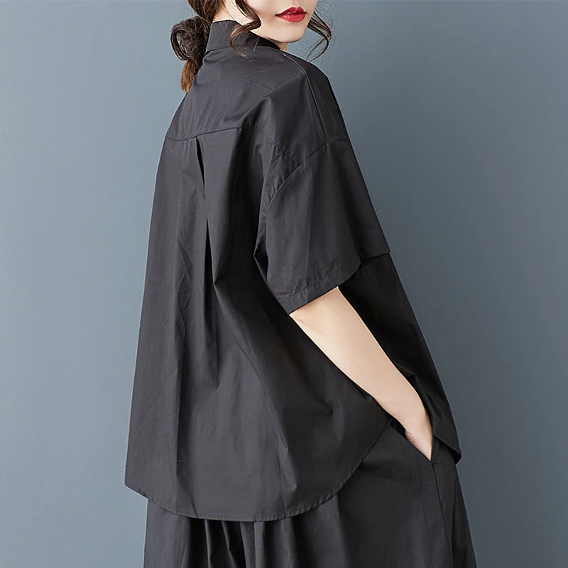 قميص نسائي جديد للصيف بتصميم كاجوال فضفاض بأكمام قصيرة وطباعة بسيطة من مزيج القطن والبوليستر