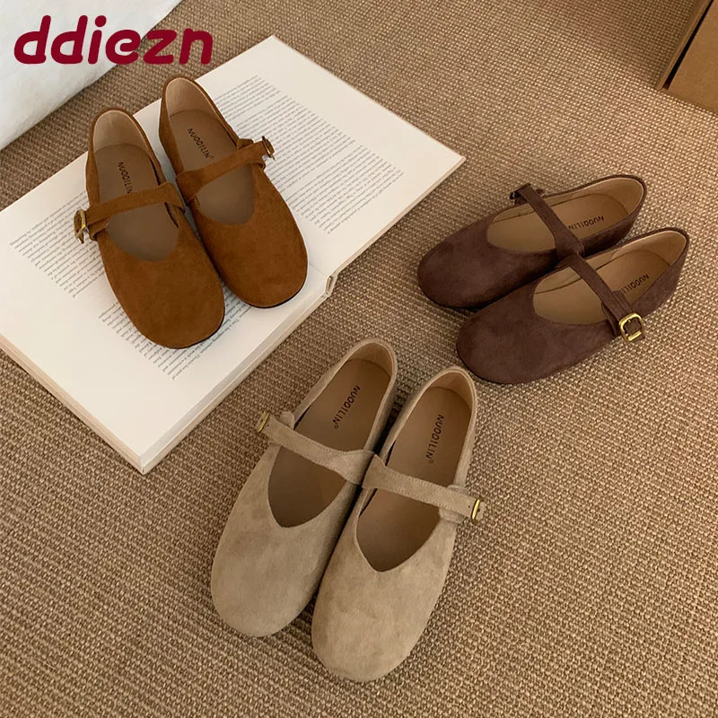 

Модные женские туфли Мэри Джейн из флока с круглым носком на плоской подошве, осенне-весенняя женская обувь на плоской подошве с пряжкой и ремешком, женская обувь на плоской подошве