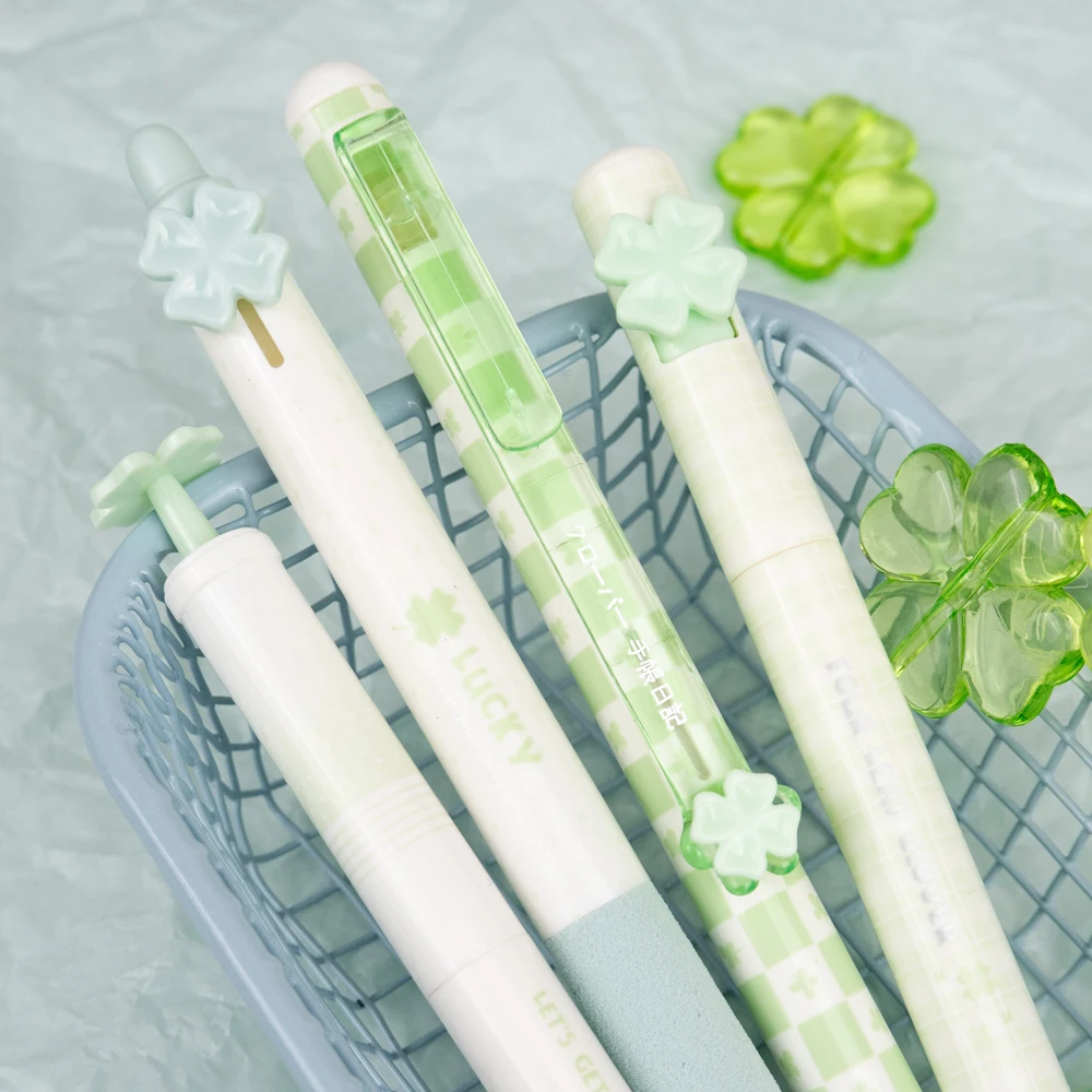 4 Pcs/Set Four-Leaf Clover Gel Pens 0.5mm Quick-Drying & Smooth Writing Black Ink Pen for Office School Study Exam Stationery