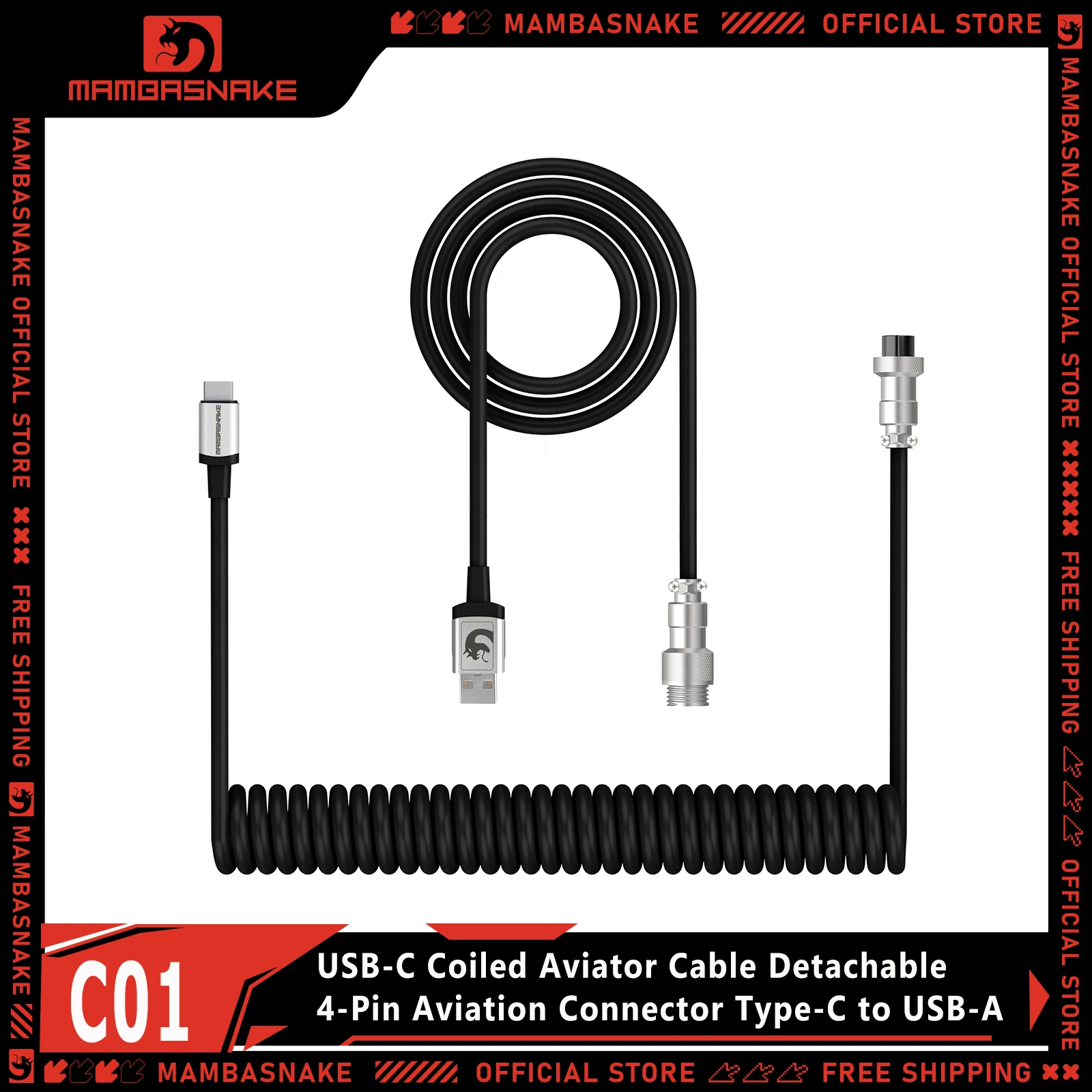 

MAMBASNAKE C01 USB-C Coiled Aviator Cable Detachable 4-Pin Aviation Connector Type-C to USB-A for Gaming Keyboard PC Laptop