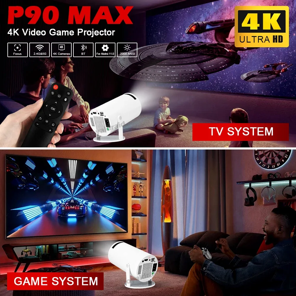P90 Max 프로젝터 게임 4K HD 1080P Bluetooth 호환 Androd11 Proyector W 2 무선 게임 컨트롤러 내장 19000개 이상…