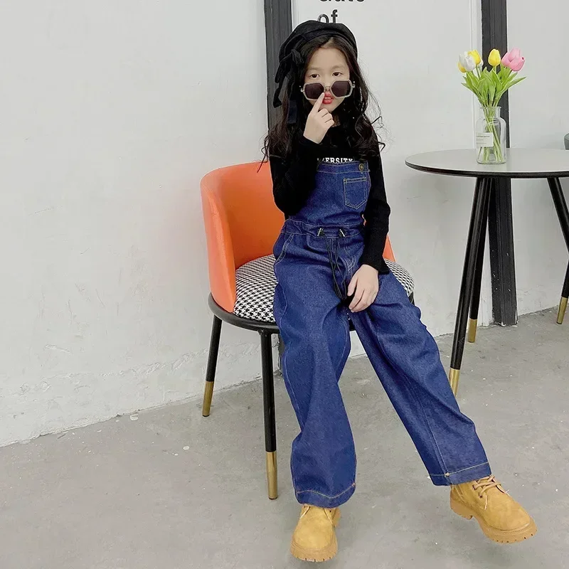 

New Spring Jeans Jumpsuit Teenage Girls Denim Bibs Suspender Strap Cargo Pants Pocket Pantalones Kids Clothes 4 6 8 10 12 14 Yrs